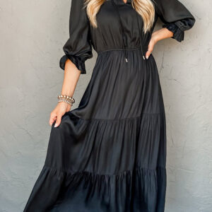 Black Flounced Bracelet Sleeve V Neck Tiered Maxi Dress