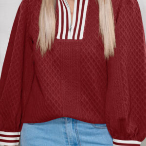 Racing Red Rhombus Textured Striped Patchwork Zip Neck Pullover Sweatshirt