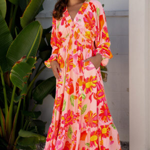 Beige Floral Print Smocked Detail V Neck Puff Sleeve Flowy Maxi Dress