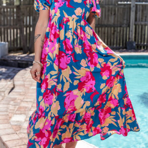 Dark Blue Square Neck Bubble Sleeve Ruffled Floral Dress