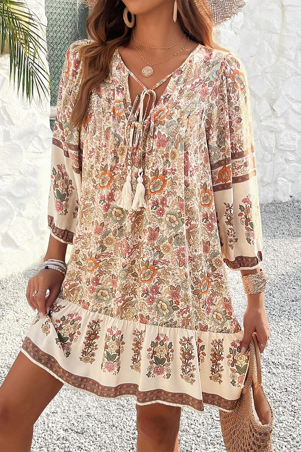 Apricot Floral Print Tassel Drawstring V Neck Loose Mini Dress - Image 3