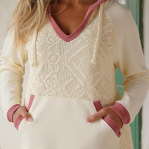White Contrast Trim Crochet Knit Patchwork Exposed Seam Hoodie