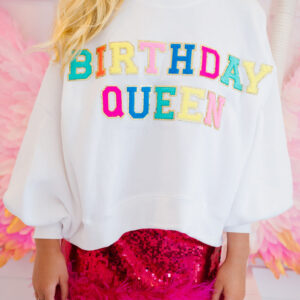 White BIRTHDAY QUEEN Graphic Balloon Sleeve Sweatshirt
