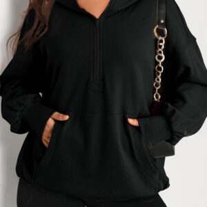 Black Solid Kangaroo Pocket Half Zipper Oversized Hoodie