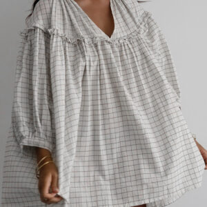 White Stripe Checkered Frilled V Neck Bracelet Sleeve Babydoll Dress