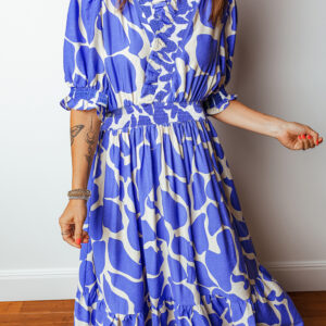 Sky Blue Abstract Print Smocked Waist Puff Half Sleeve Maxi Dress