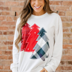 White Pearl Plaid Christmas Tree Patched Drop Shoulder Sweatshirt