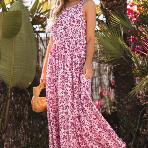 Pink Floral Cutout Back Empire Waist Sleeveless Maxi Dress