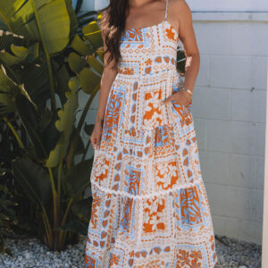 Orange Multi Printed Ricrac Trim Spaghetti Straps Maxi Dress