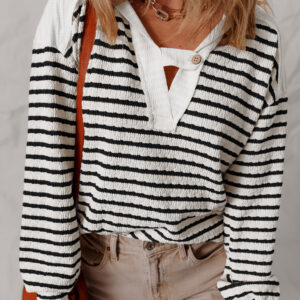 Black Stripe Textured Hooded V Neck Casual Long Sleeve Top