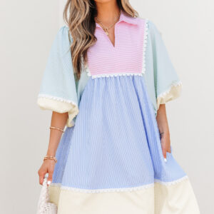 Multicolour Striped Patchwork Ric Rac Puff Sleeve Collared Mini Dress