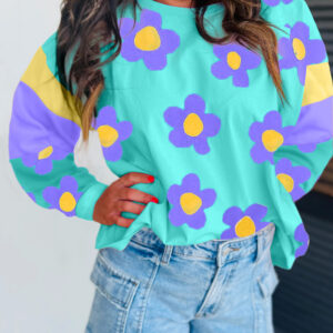 Sky Blue Floral Color Block Long Sleeve Loose Top