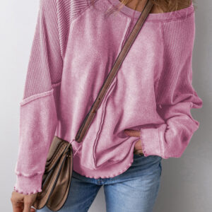 Pink Waffle Knit Patchwork Exposed Seam Raglan Sweatshirt