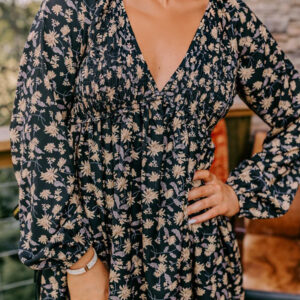 Black Floral Deep V Neck Smocked Bust Bubble Sleeve Babydoll Dress