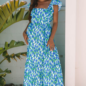 Blue Floral Print Square Neck Ruffled Strap Maxi Dress