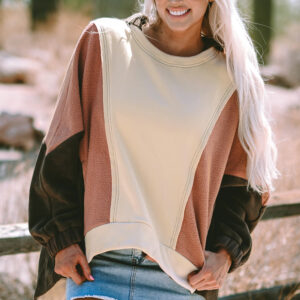 Beige Oversized Color Block Patchwork High Low Hoodie