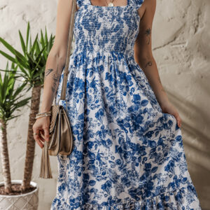 Blue Floral Ruffle Strap Square Neck Smocked Bodice Midi Dress