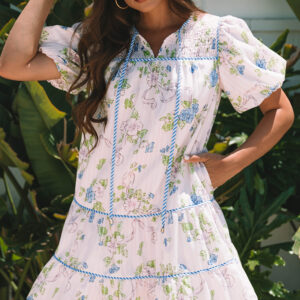 Pink Floral Striped Print Contrast Trim Tie Split Neck Mini Dress