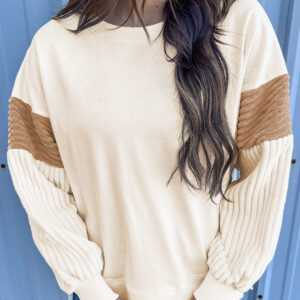 Apricot Corduroy Patchwork Drop Shoulder Long Sleeve Sweatshirt