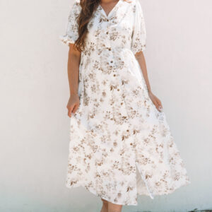 Khaki Floral Puff Sleeve V Neck Buttoned Front Maxi Dress