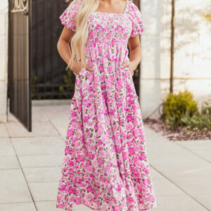 Pink Dainty Floral Smocked Puff Sleeve Flowy Long Dress
