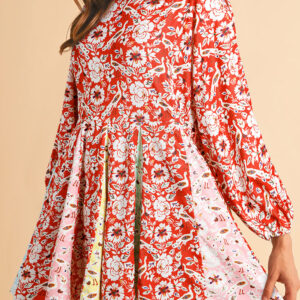 Red Colorful Floral Patchwork Long Sleeve Pleated Mini Dress