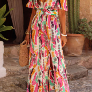 Pink Boho Tie-dye Print V Neck Maxi Dress