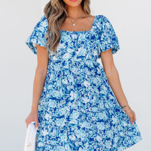 Blue Floral Puff Sleeve Babydoll Mini Dress