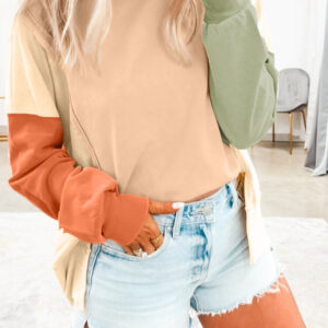 Beige Color Block Patchwork Split Hem Casual Sweatshirt