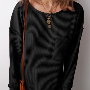Black Solid Color Corded Drop Shoulder Long Sleeve Top