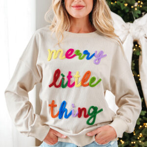 Beige merry little thing Corded Letter Graphic Ribbed Loose Sweatshirt