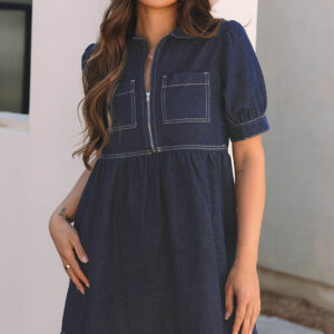 Dirty blue Zipped up Bodice Collared Short Puff Sleeve Denim Dress