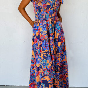 Dark Blue Boho Floral V Neck Ruffle Tiered Long Dress