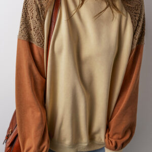 Khaki Lace Patchwork Colorblock Drop Shoulder Sweatshirt