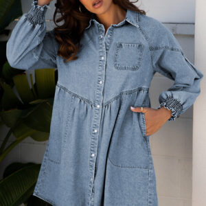 Beau Blue Smocked Cuffs Flared Denim Shirt Mini Dress
