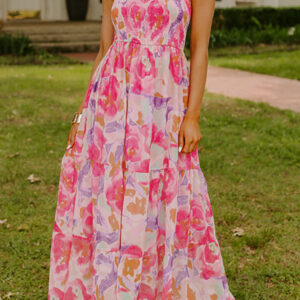 Pink Abstract Floral Print Shirred One Shoulder Maxi Dress