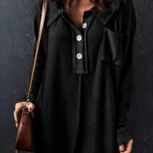 Black Waffle Knit Buttoned Long Sleeve Top