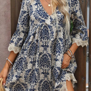 Sky Blue Vintage Printed Lace Trim V Neck 3/4 Sleeve Loose Dress