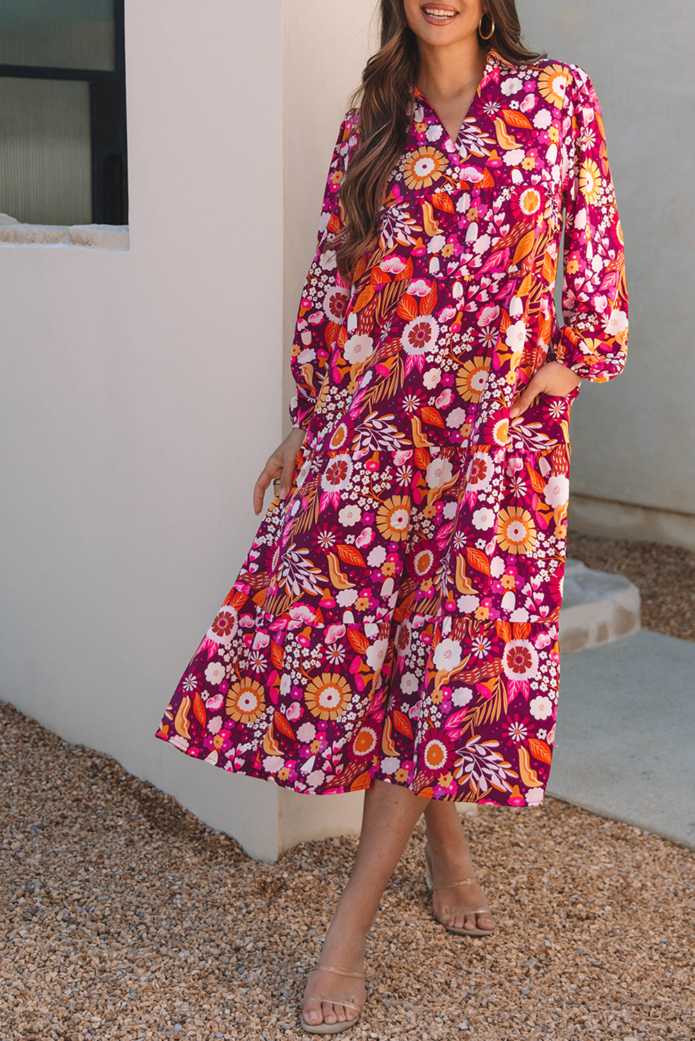 Purple Collared Tiered Flowy Long Dress - Image 6