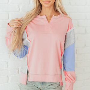 Apricot Pink Exposed Seam Color Block Patchwork Slit Cuffs Oversize Sweatshirt