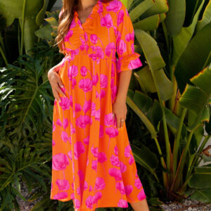 Orange Floral Print Frilly Smocked V Neck 3/4 Sleeve Long Dress