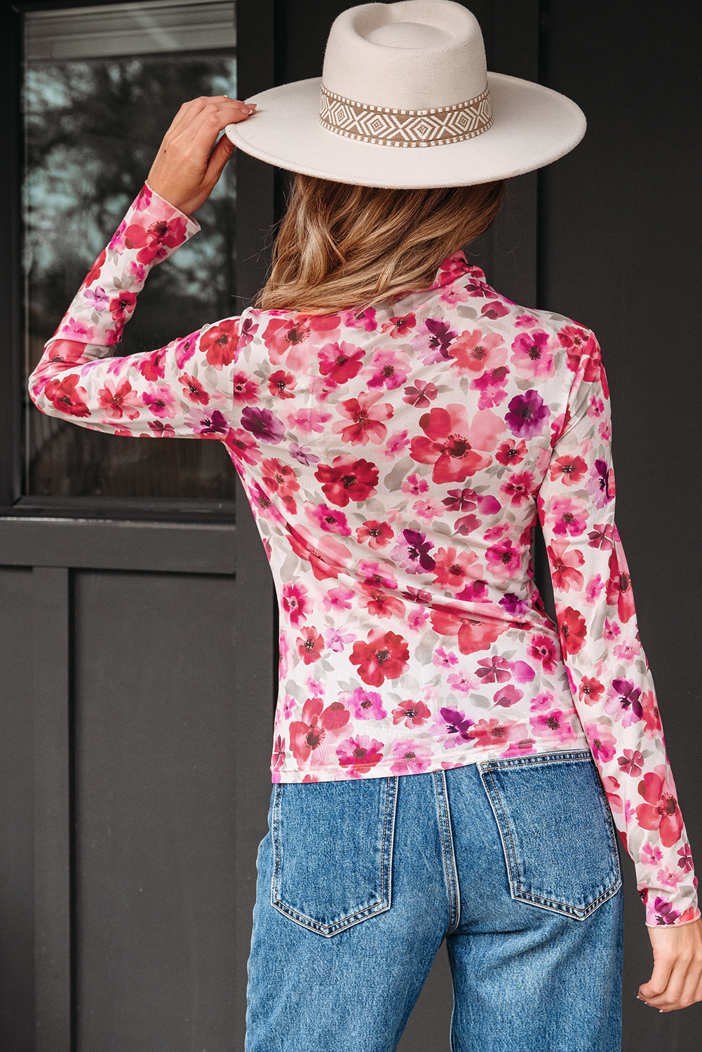 Red Floral Print Long Sleeve Slim Fit Mesh Top - Image 3