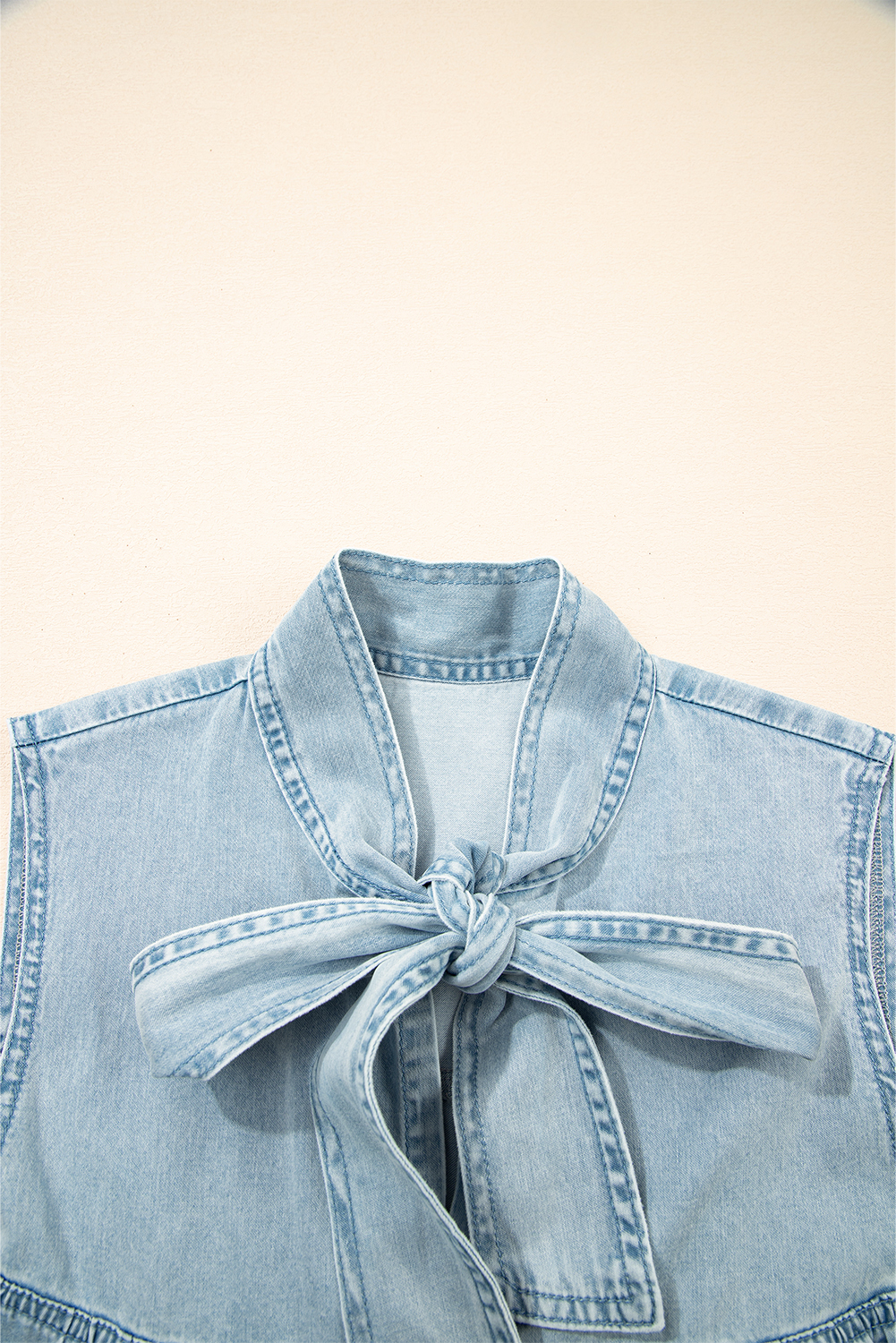 Beau Blue Bowknot Neck Sleeveless Ruffled Chambray Dress - Image 6