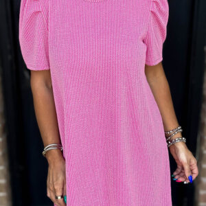 Bright Pink Corded Knit Crew Neck Puff Sleeve Shift Mini Dress