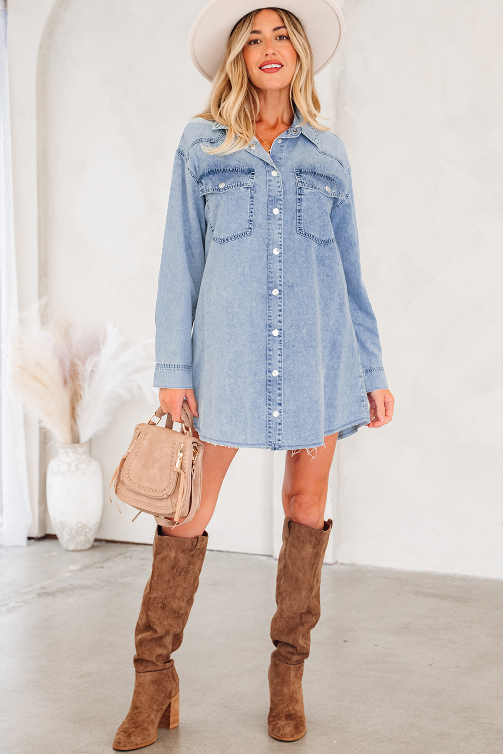 Beau Blue Chest Pocket Raw Hem Denim Loose Shirt Dress - Image 7