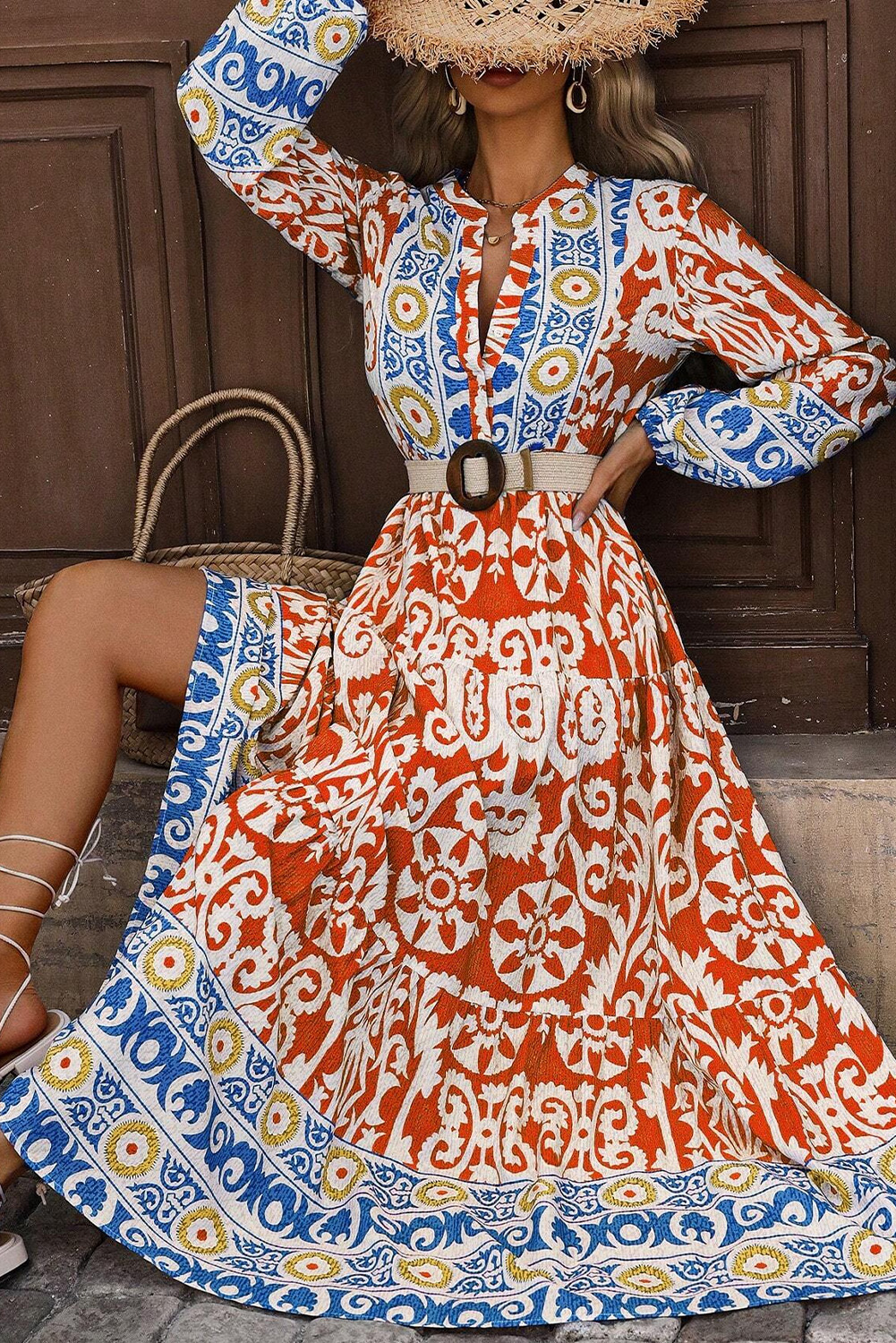 Orange Boho Geometric Printed Long Sleeve Maxi Dress - Image 6