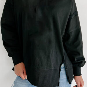 Black Exposed Seam Drop Shoulder Round Neck Sweatshirt with Slits