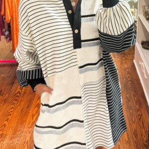 Black Stripe Colorblock Knit Henley Collar Shift Long Sleeve Mini Dress