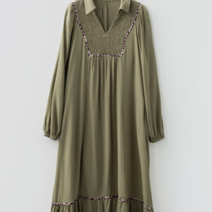 Four Leaf Clover Collared V Neck Smocked Detail Contrast Leopard Trim Bracelet Sleeve Long Dress