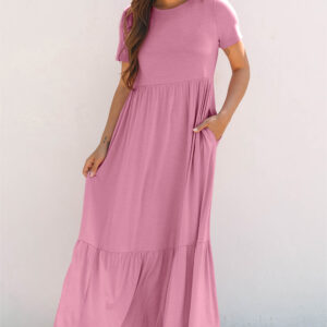 Pink Solid Color T-shirt High Waist Pocketed Long Dress